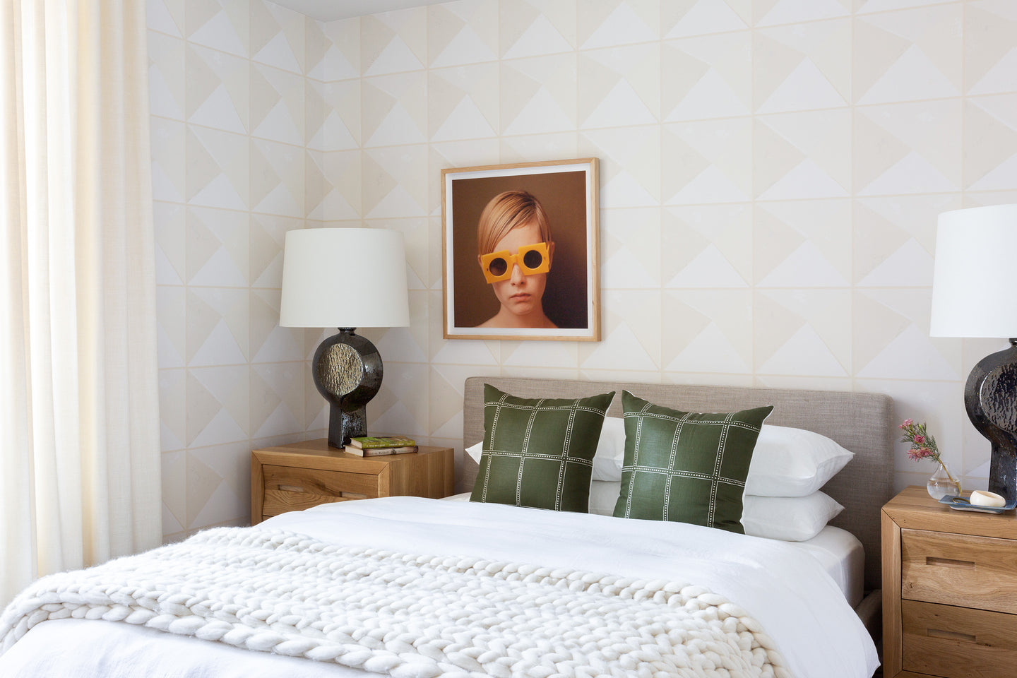modern stone wallpaper neutral bedroom design seen on lonny magazine