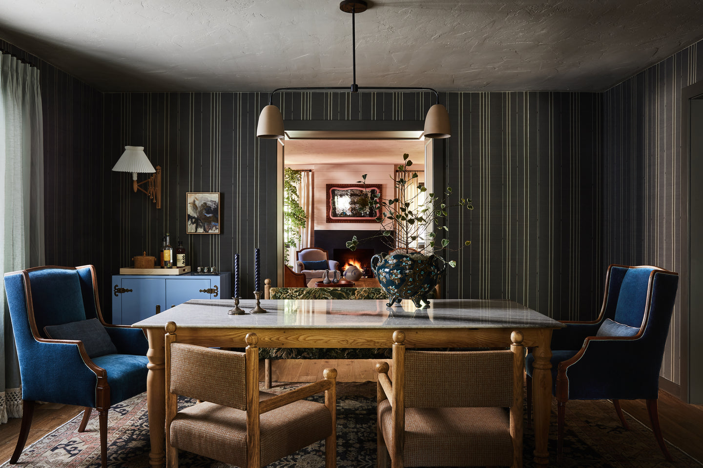 Moody-Dining-Room-Grasscloth-Toluca-Stripe-Wallpaper-With-Martin-Brockett-Lawson-Fenning-Kelly-Wearstler-Clarence-House-Seen-In-Architectural-Digest-Home-Of-Lauren-Morelli-Samira-Wiley-Los-Angeles-Home