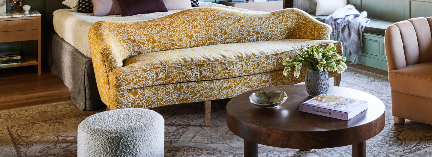 Samira Wiley bedroom featuring August Abode Carlton burl wood Coffee Table