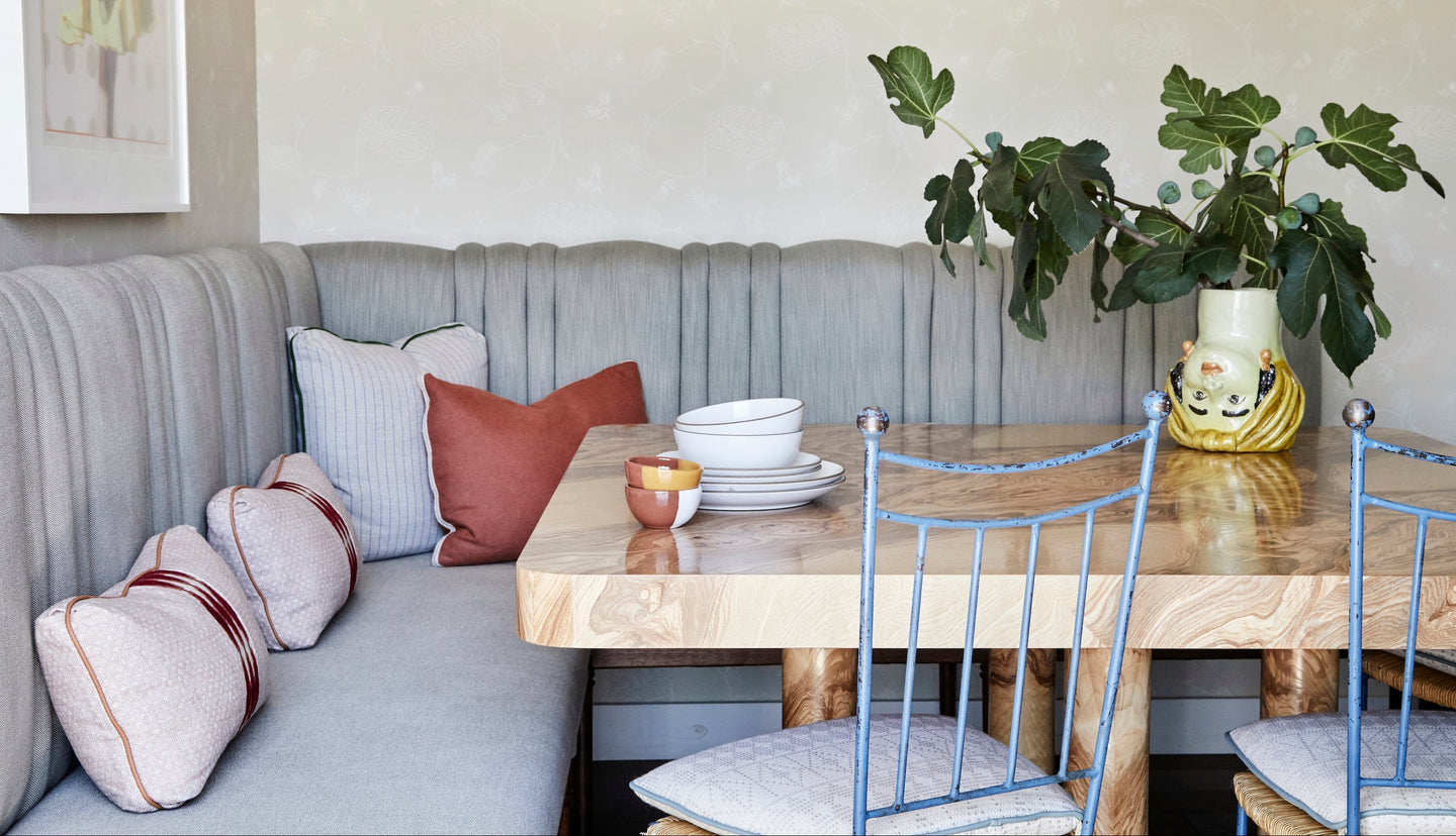 English inspired breakfast room with Carlton burl wood dining table by August Abode