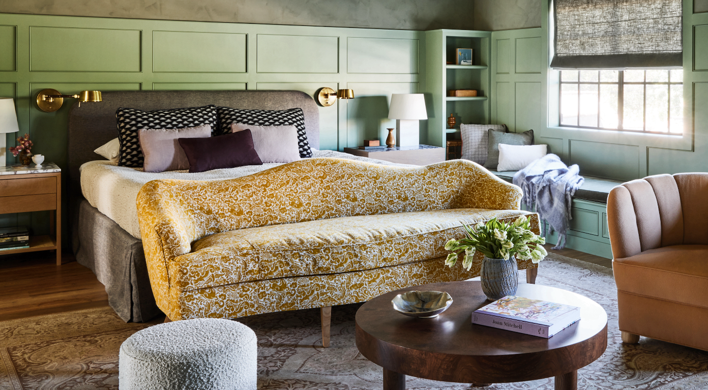 Colorful bedroom with Carlton Burl Wood Coffee Table by August Abode