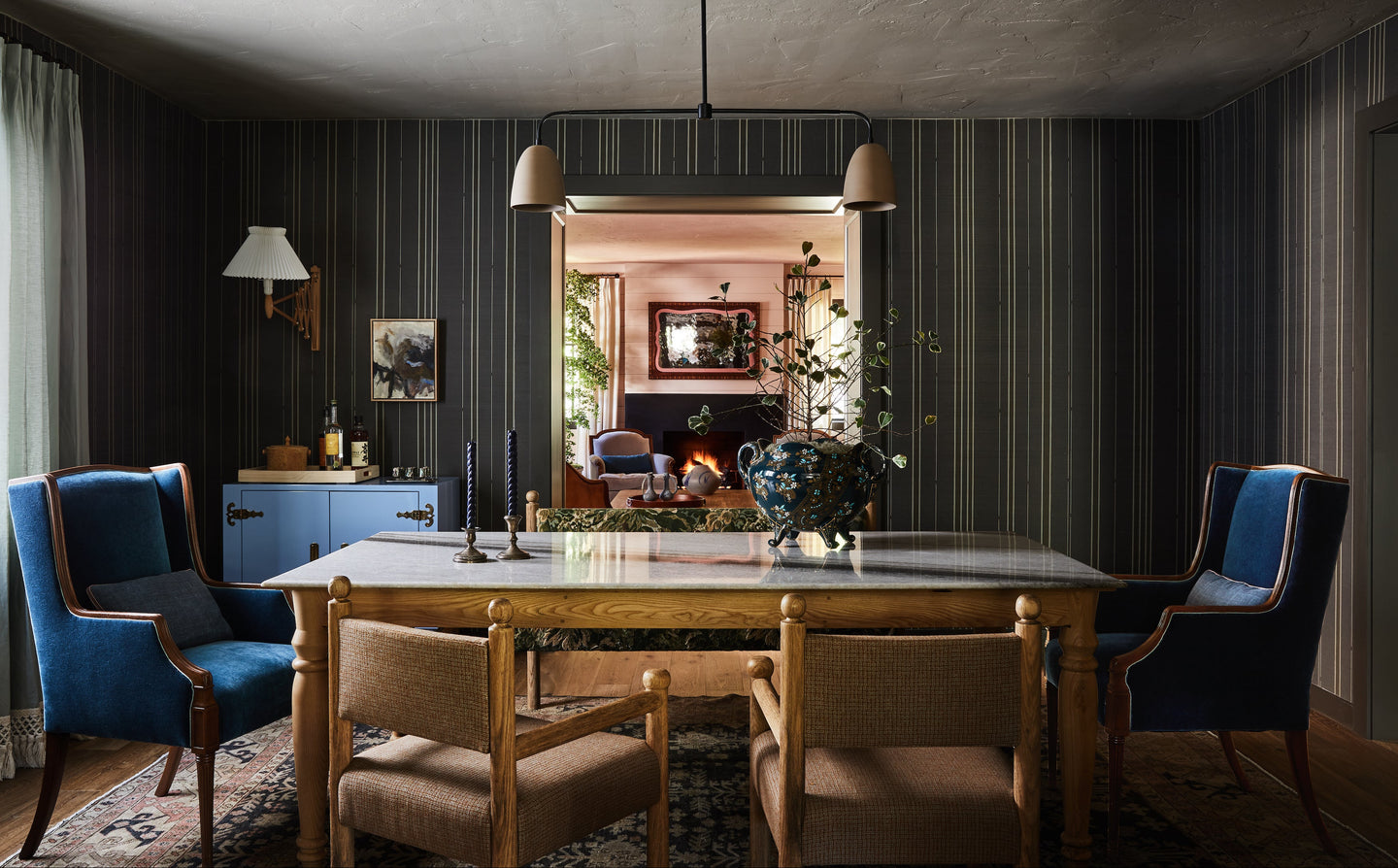 Moody-Dining-Room-Grasscloth-Toluca-Stripe-Wallpaper-With-Martin-Brockett-Lawson-Fenning-Kelly-Wearstler-Clarence-House-Seen-In-Architectural-Digest-Home-Of-Lauren-Morelli-Samira-Wiley-Los-Angeles-Home