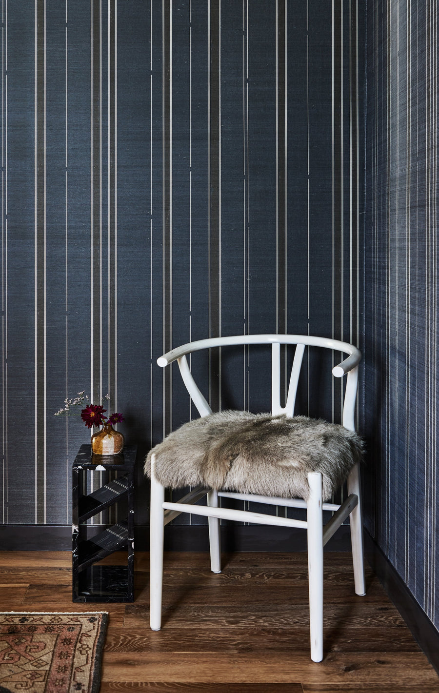 Wallcovering styling ideas with Toluca Stripe II Grasscloth Wallpaper in Nocturne by August Abode